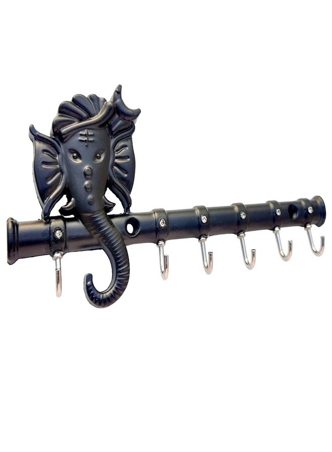 Zeetab Diamond Ganesha Key Holder & Hanger | Metal Lord Ganpati Key Stand with 6 Hook Wall Mount | Home Decor Housewarming Gift (Matt Black) - Image 2
